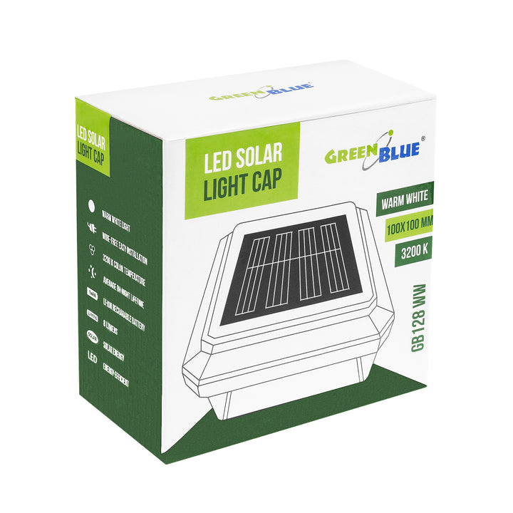 GreenBlue solcellsdriven LED-stolplampa, 100 x 100 mm, kuplock, 3200 K, GB128 WW, 2 st