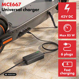 Universell laddare/nätadapter från Maclean Energy, för elsparkcyklar, 42 V DC, 2 A, max 85 W, snabbladdning, 6 kontakter, MCE667