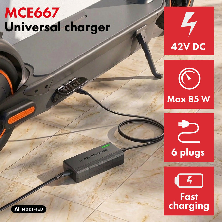Universell laddare/nätadapter från Maclean Energy, för elsparkcyklar, 42 V DC, 2 A, max 85 W, snabbladdning, 6 kontakter, MCE667