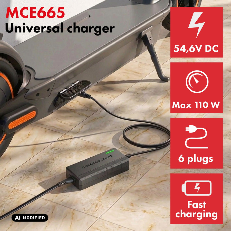 Universell laddare/strömförsörjning från Maclean Energy, för elscootrar, 54,6 V DC, 2 A, max 110 W, snabbladdning, 6 kontakter, MCE665