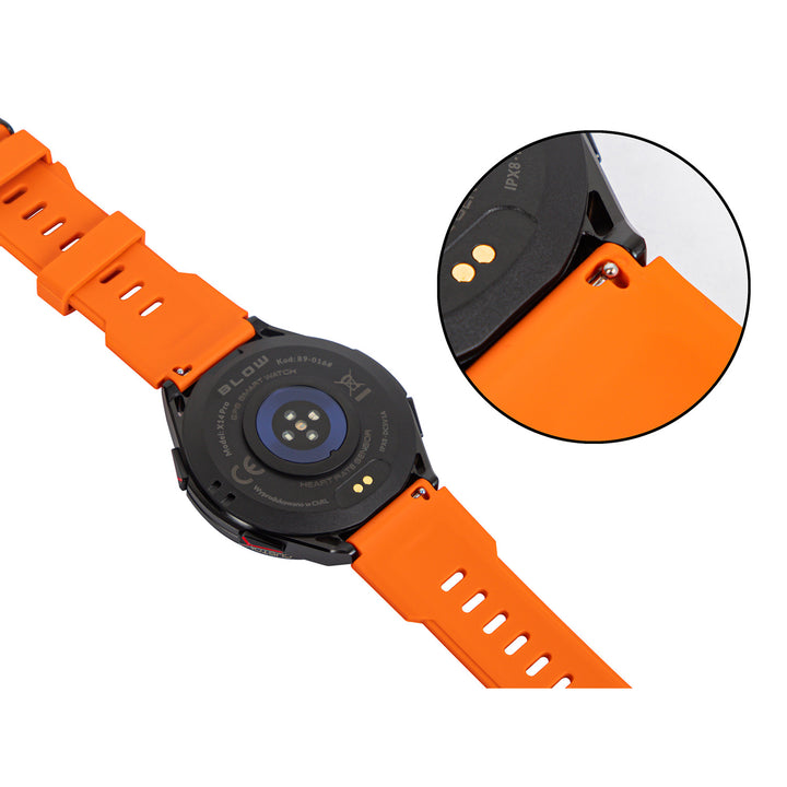 Smartklocka BLOW X14 Pro, 1,43-tums AMOLED-skärm, 490 mAh-batteri, GPS, 4 GB RAM och 256 MB lagringsutrymme, hälsofunktioner, armband i två färger, 89-016#