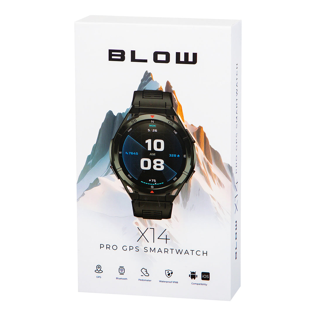 Smartklocka BLOW X14 Pro, 1,43-tums AMOLED-skärm, 490 mAh-batteri, GPS, 4 GB RAM och 256 MB lagringsutrymme, hälsofunktioner, armband i två färger, 89-016#