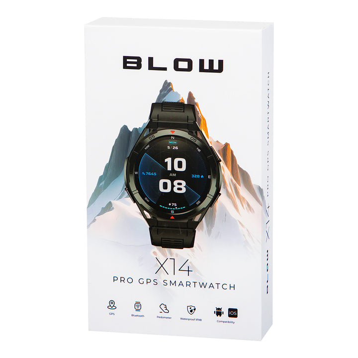 Smartklocka BLOW X14 Pro, 1,43-tums AMOLED-skärm, 490 mAh-batteri, GPS, 4 GB RAM och 256 MB lagringsutrymme, hälsofunktioner, armband i två färger, 89-016#