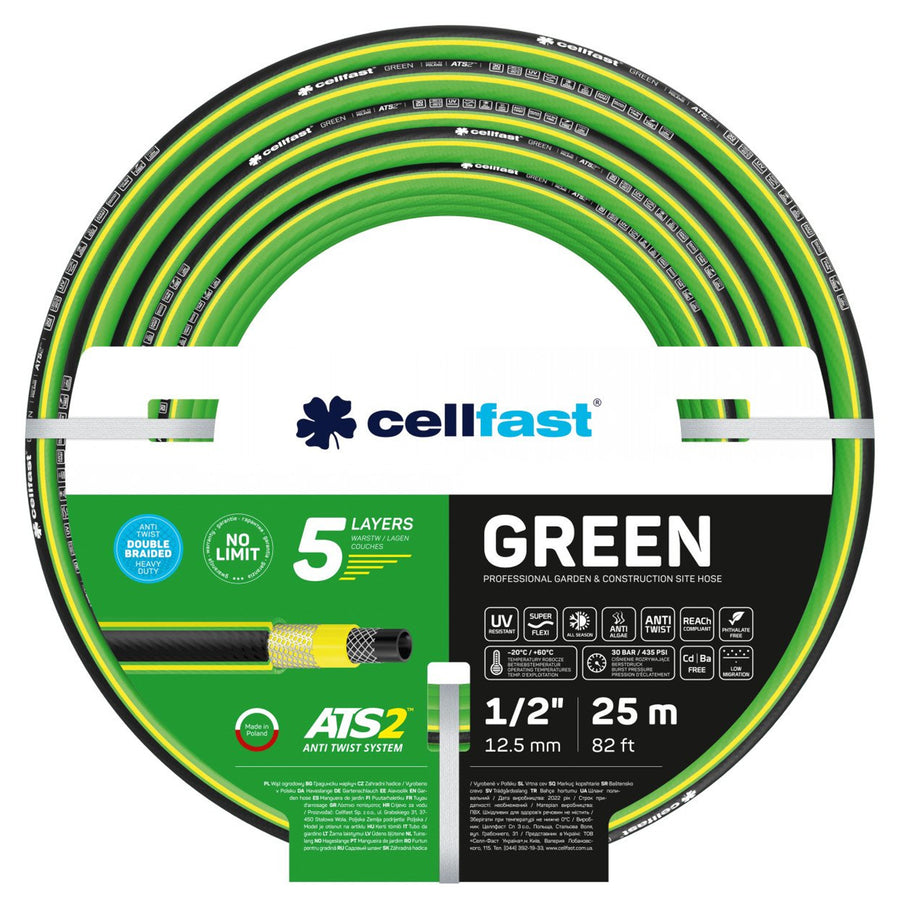 Slangvagn Cellfast Aluplus 1/2" 60 m + trädgårdsslang Cellfast Green ATS2 1/2" 25 m + set med rak sprinkler Cellfast Basic 1/2"