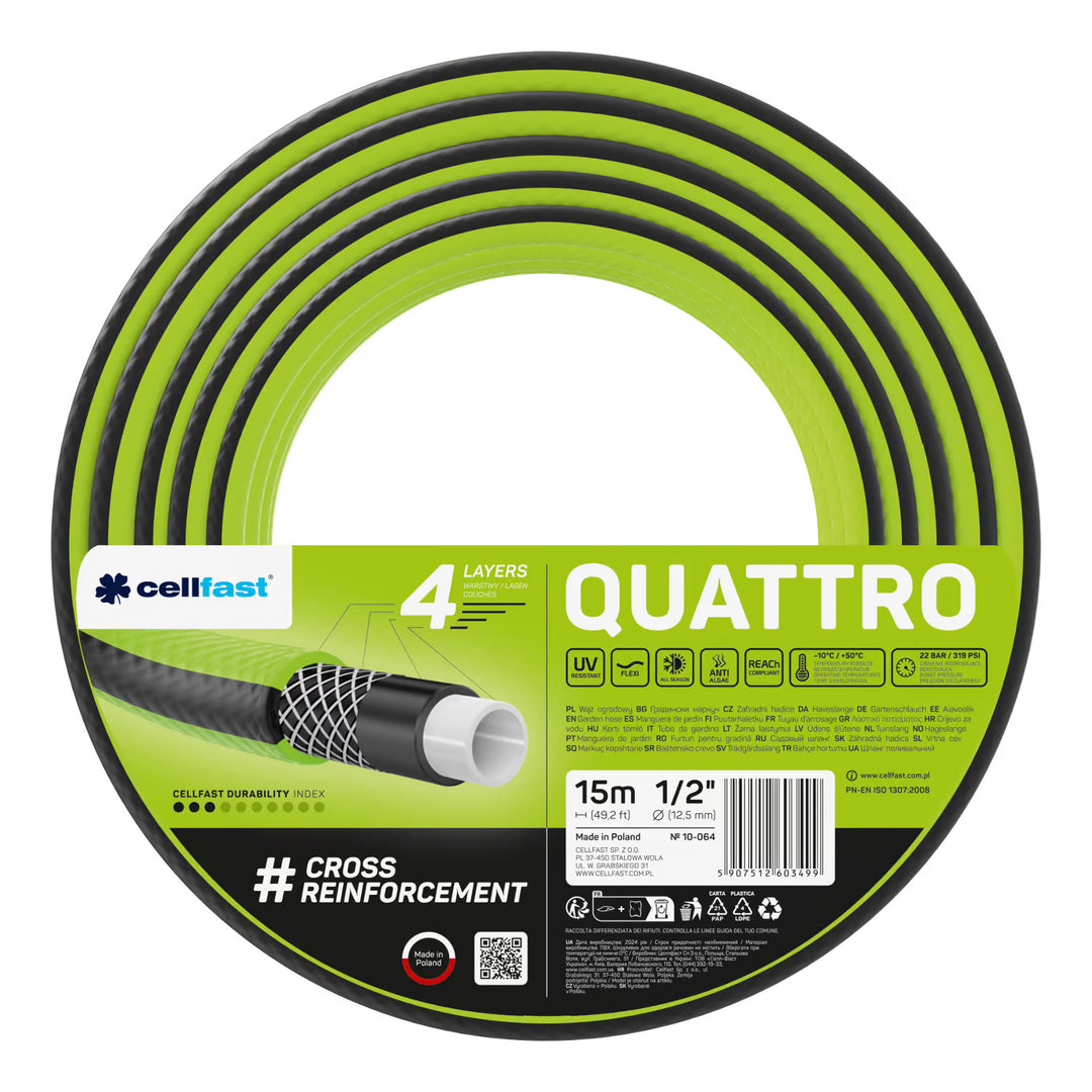 Slangvagn Cellfast Aluplus 1/2" 60 m + trädgårdsslang Cellfast Quattro 1/2" 15 m + set med rak sprinkler Cellfast Basic 1/2"