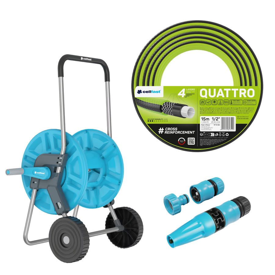 Slangvagn Cellfast Aluplus 1/2" 60 m + trädgårdsslang Cellfast Quattro 1/2" 15 m + set med rak sprinkler Cellfast Basic 1/2"