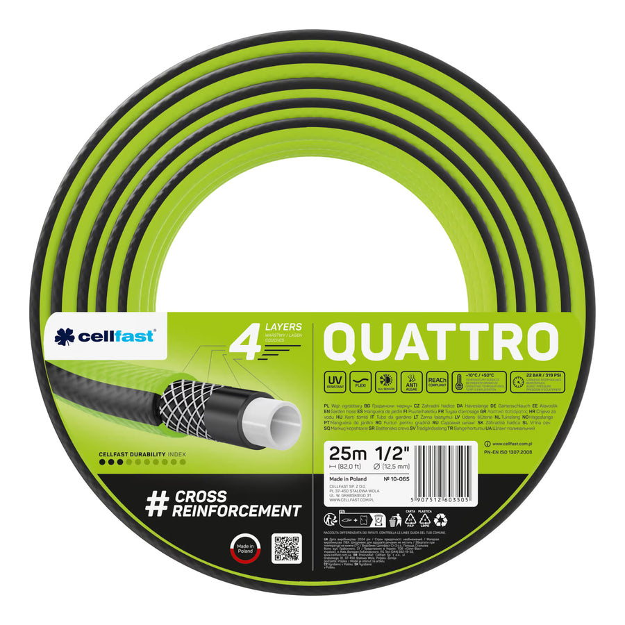 Slangvagn Cellfast Aluplus 1/2" 60 m + trädgårdsslang Cellfast Quattro 1/2" 25 m + set med rak sprinkler Cellfast Basic 1/2"