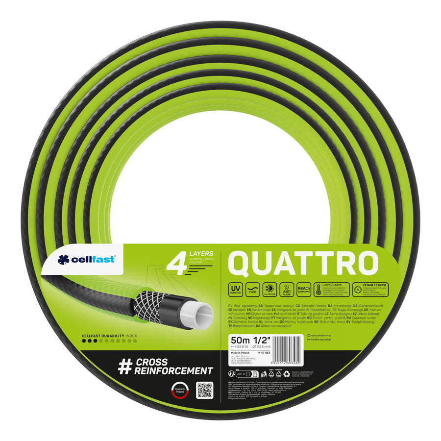 Slangvagn Cellfast Aluplus 1/2" 60 m + trädgårdsslang Cellfast Quattro 1/2" 50 m + set med rak sprinkler Cellfast Basic 1/2"