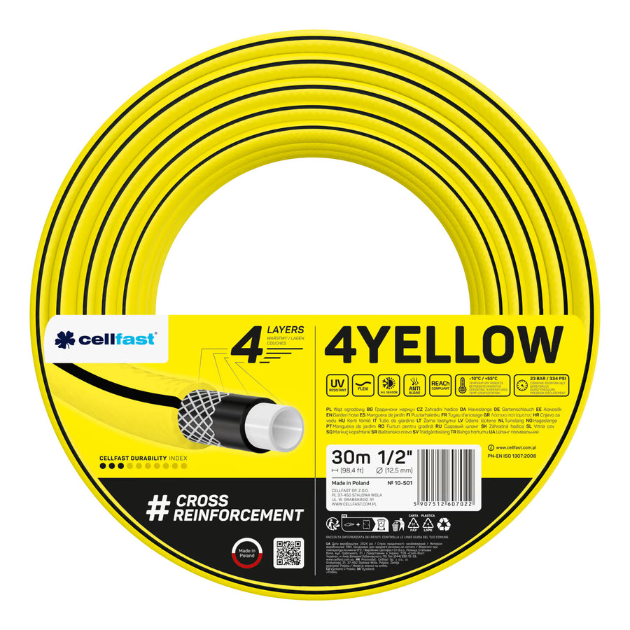 Cellfast Aluplus slangvagn 1/2" 60 m + Cellfast 4YELLOW trädgårdsslang 1/2" 30 m + set med Cellfast Basic rak sprinkler 1/2"