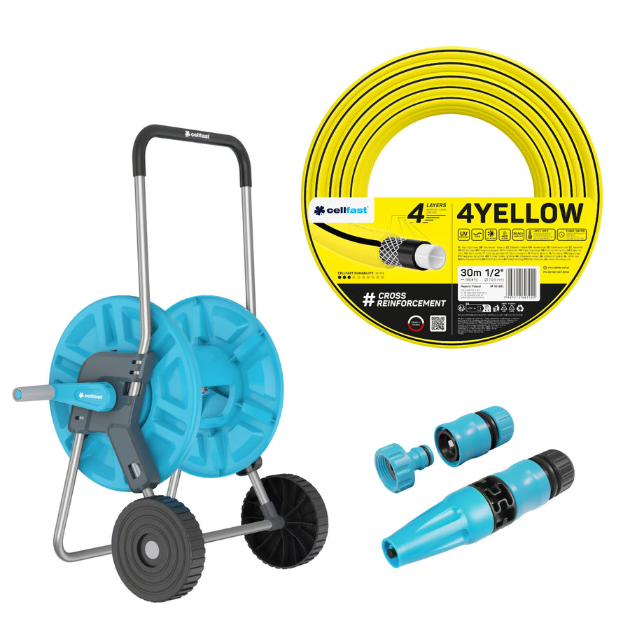 Cellfast Aluplus slangvagn 1/2" 60 m + Cellfast 4YELLOW trädgårdsslang 1/2" 30 m + set med Cellfast Basic rak sprinkler 1/2"
