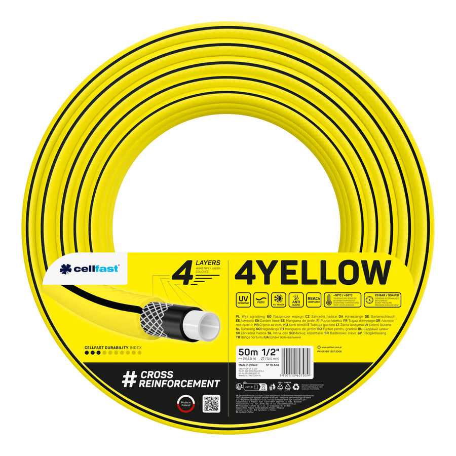 Cellfast Aluplus slangvagn 1/2" 60 m + Cellfast 4YELLOW trädgårdsslang 1/2" 50 m + set med Cellfast Basic rak sprinkler 1/2"