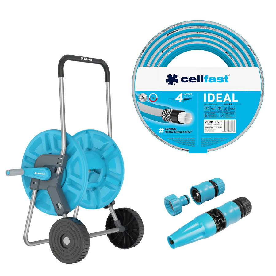 Slangvagn Cellfast Aluplus 1/2" 60 m + trädgårdsslang Cellfast IDEAL 1/2" 20 m + set med rak sprinkler Cellfast Basic 1/2"