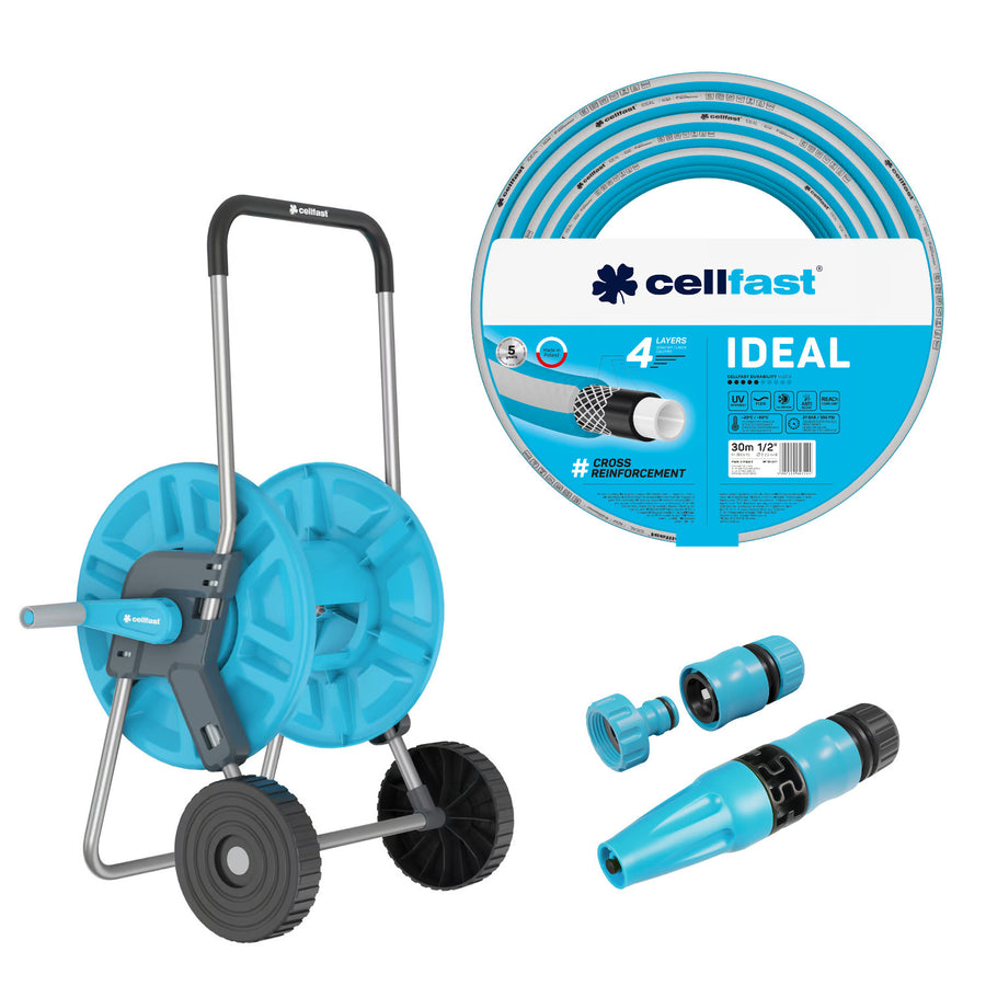 Cellfast Aluplus slangvagn 1/2" 60 m + Cellfast IDEAL trädgårdsslang 1/2" 30 m + Set med Cellfast Basic rak sprinkler 1/2"