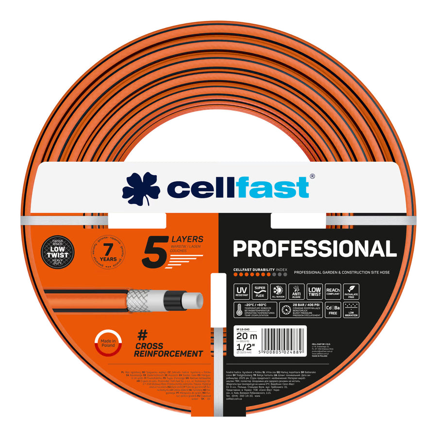 Cellfast Aluplus slangvagn 1/2" 60 m + Cellfast trädgårdsslang, PROFESSIONAL 1/2" 20 m + Set med Cellfast Basic rak sprinkler 1/2"