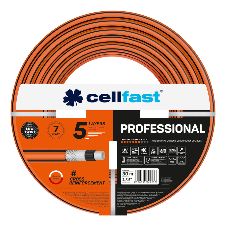Cellfast Aluplus slangvagn 1/2" 60 m + Cellfast trädgårdsslang, PROFESSIONAL 1/2" 30 m + Set med Cellfast Basic rak sprinkler 1/2"