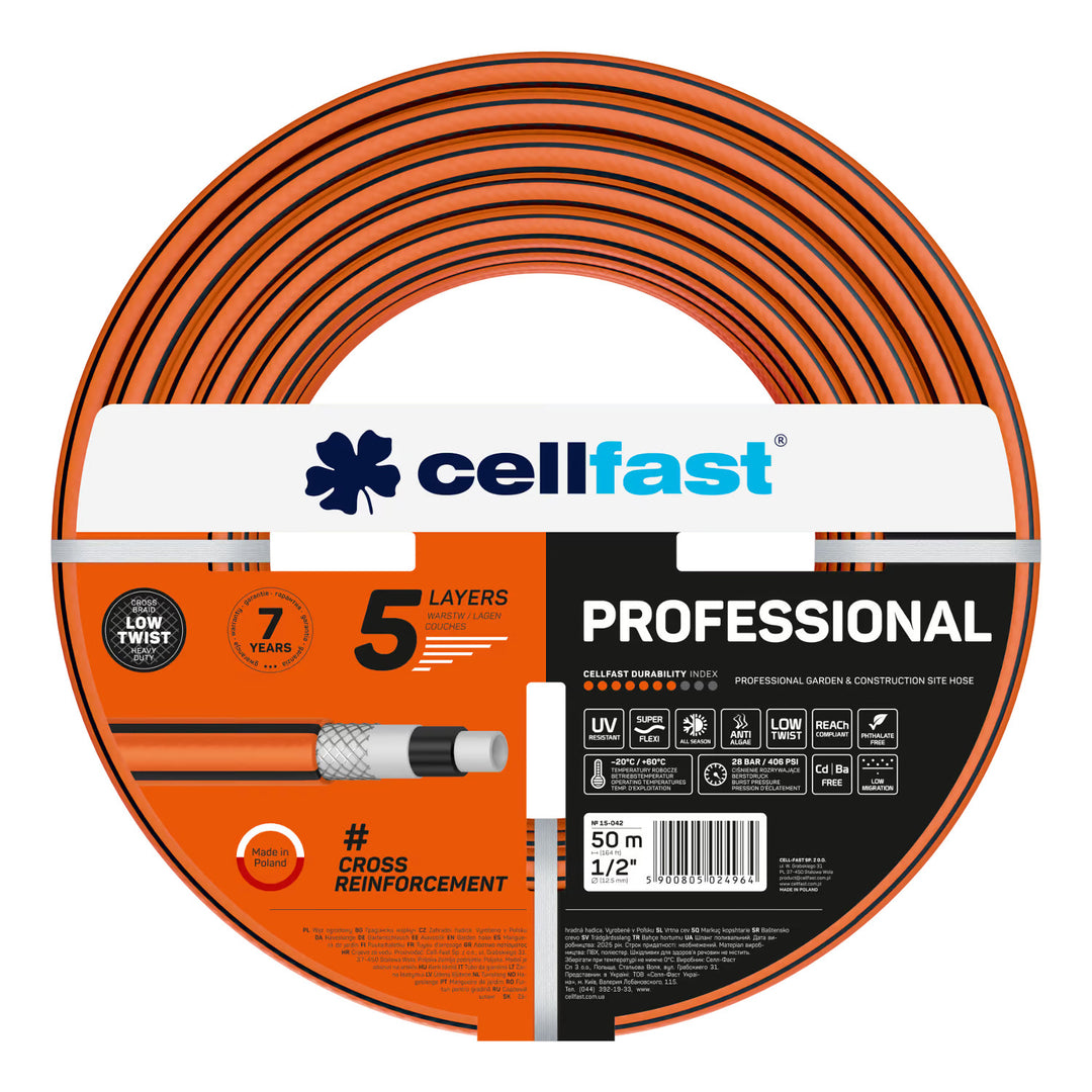 Cellfast Aluplus slangvagn 1/2" 60 m + Cellfast trädgårdsslang, PROFESSIONAL 1/2" 50 m + Set med Cellfast Basic rak sprinkler 1/2"