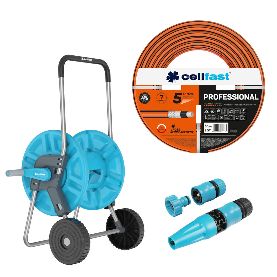 Cellfast Aluplus slangvagn 1/2" 60 m + Cellfast trädgårdsslang, PROFESSIONAL 1/2" 50 m + Set med Cellfast Basic rak sprinkler 1/2"