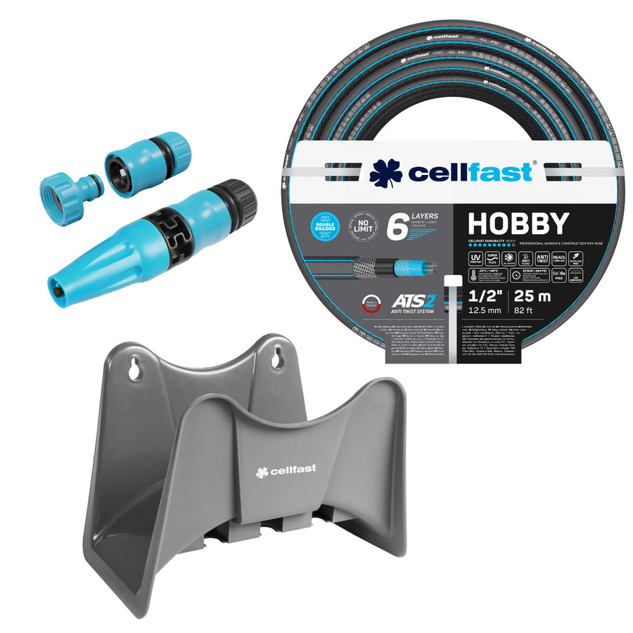 Cellfast Hobby ATS2 trädgårdsslang 1/2" 25 m + Cellfast slanghållare (grå) + set med Cellfast Basic rak sprinkler 1/2"
