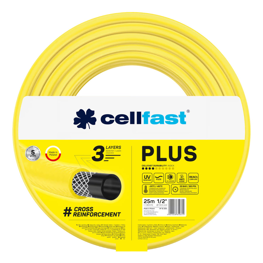 Cellfast Plus trädgårdsslang 1/2" 25 m + Cellfast slanghållare, grå + set med Cellfast Basic rak sprinkler 1/2"