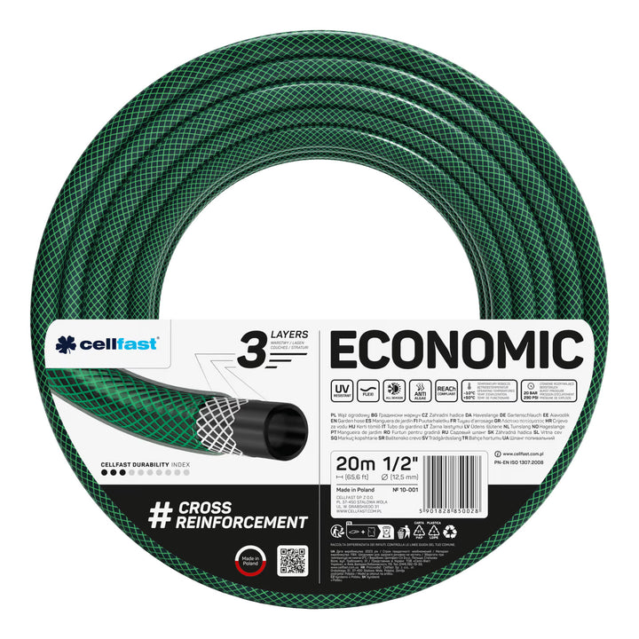 Cellfast Economic trädgårdsslang 1/2" 20 m + Cellfast slanghållare, grå + set med Cellfast Basic rak sprinkler 1/2"