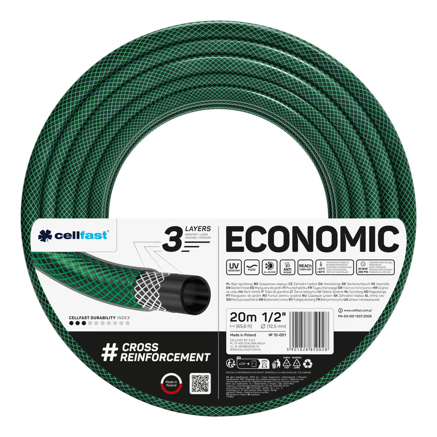 Cellfast Economic trädgårdsslang 1/2" 20 m + Cellfast slanghållare, grå + set med Cellfast Basic rak sprinkler 1/2"