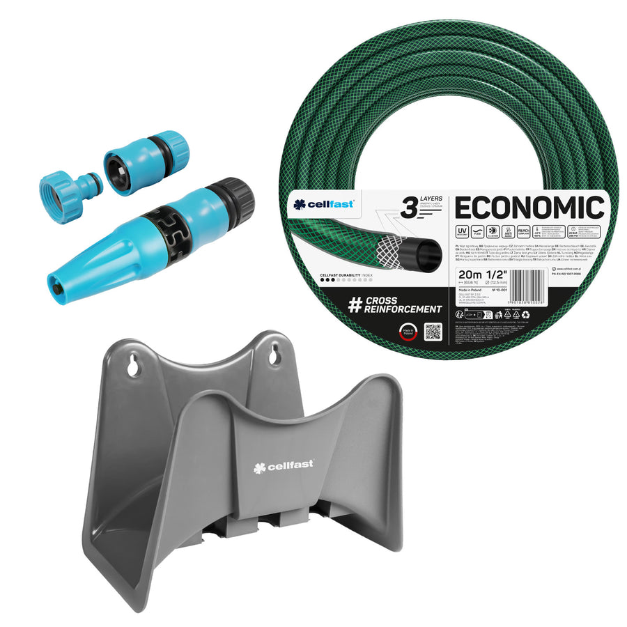 Cellfast Economic trädgårdsslang 1/2" 20 m + Cellfast slanghållare, grå + set med Cellfast Basic rak sprinkler 1/2"