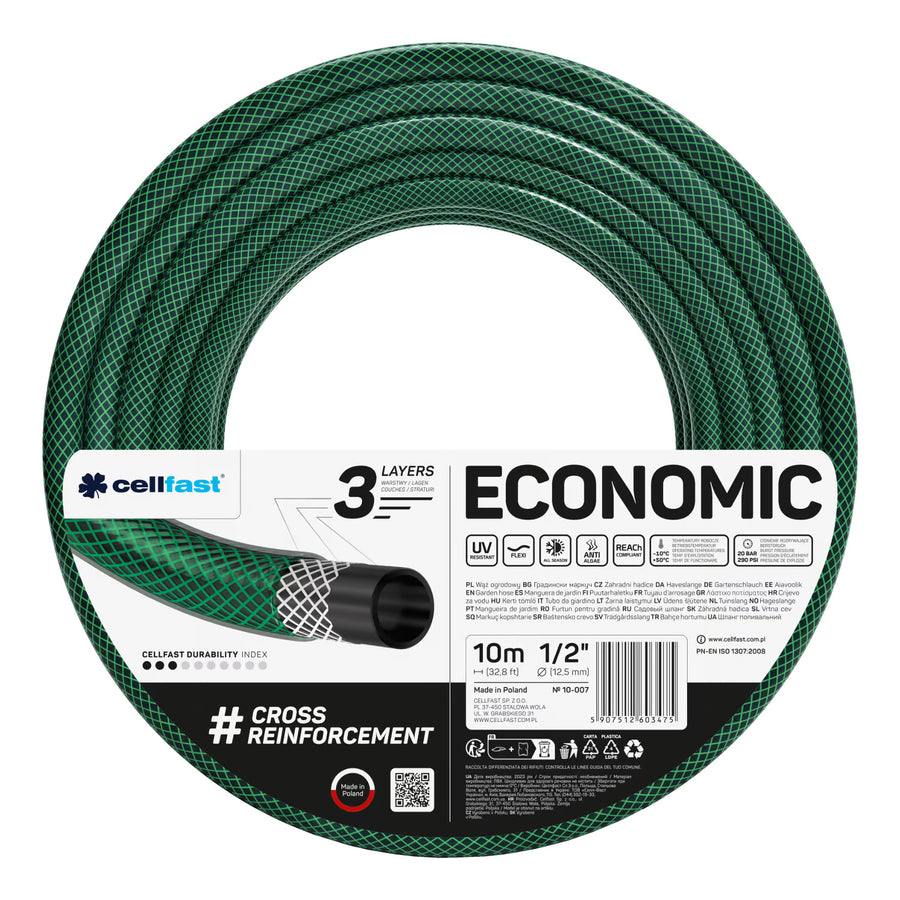 Cellfast Economic trädgårdsslang 1/2" 10 m + Cellfast slanghållare, grå + set med Cellfast Basic rak sprinkler 1/2"