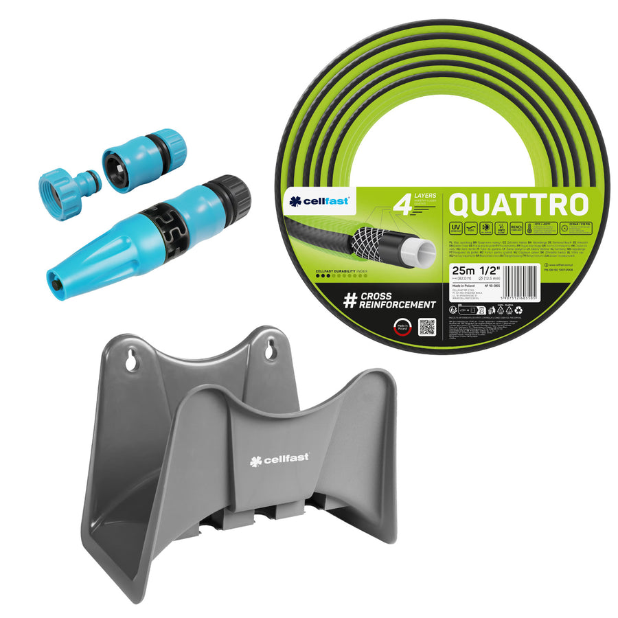 Cellfast Quattro trädgårdsslang 1/2" 25 m + Cellfast slanghållare, grå + set med Cellfast Basic rak sprinkler 1/2"