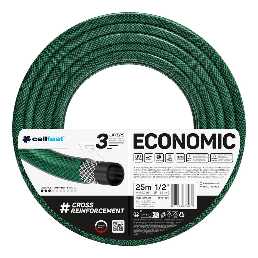 Cellfast Economic trädgårdsslang 1/2" 25 m + Cellfast slanghållare, grå + set med Cellfast Basic rak sprinkler 1/2"