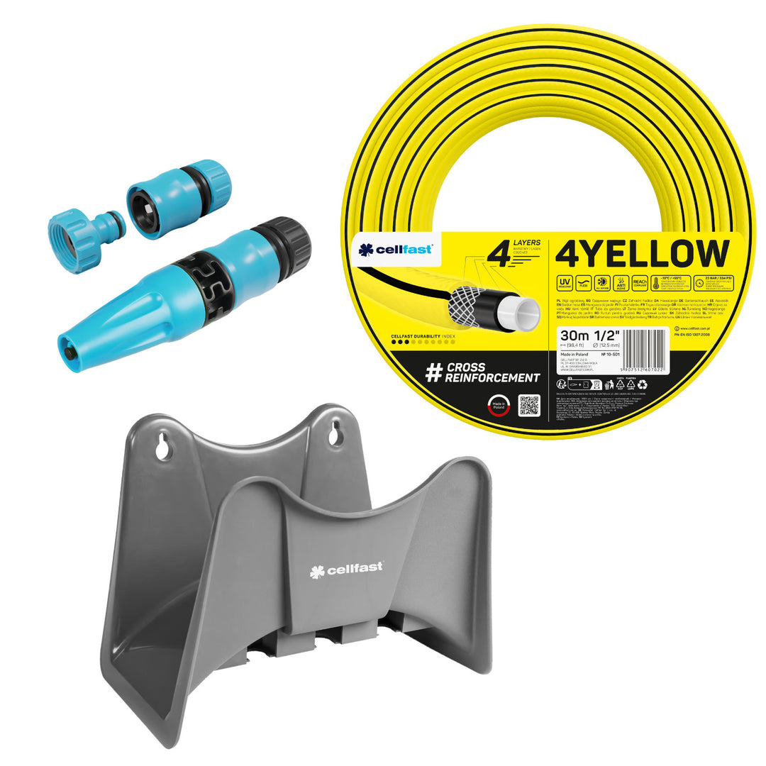 Cellfast 4YELLOW trädgårdsslang 1/2" 30 m + Cellfast slanghållare i grått + set med Cellfast Basic rak sprinkler 1/2"