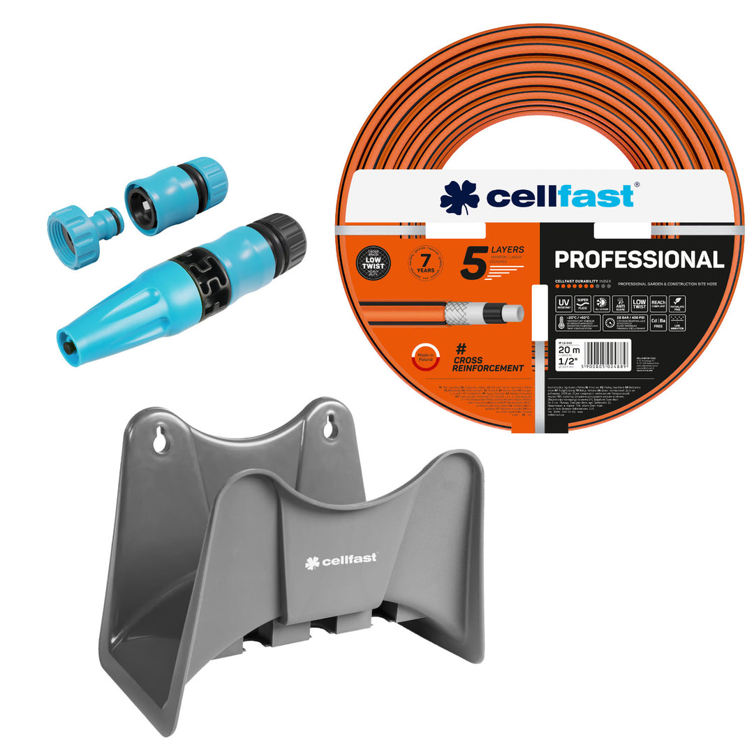 Cellfast trädgårdsslang, PROFESSIONAL 1/2" 20 m + Cellfast slanghållare, grå +  set med Cellfast Basic rak sprinkler 1/2"