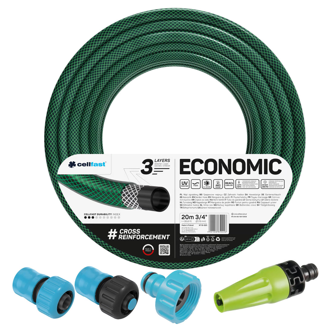 Cellfast Economic trädgårdsslang 3/4" 20 m + rak sprinkler + anslutning med invändig gänga 3/4" + genomgående snabbkoppling och avstängningsventil 3/4"