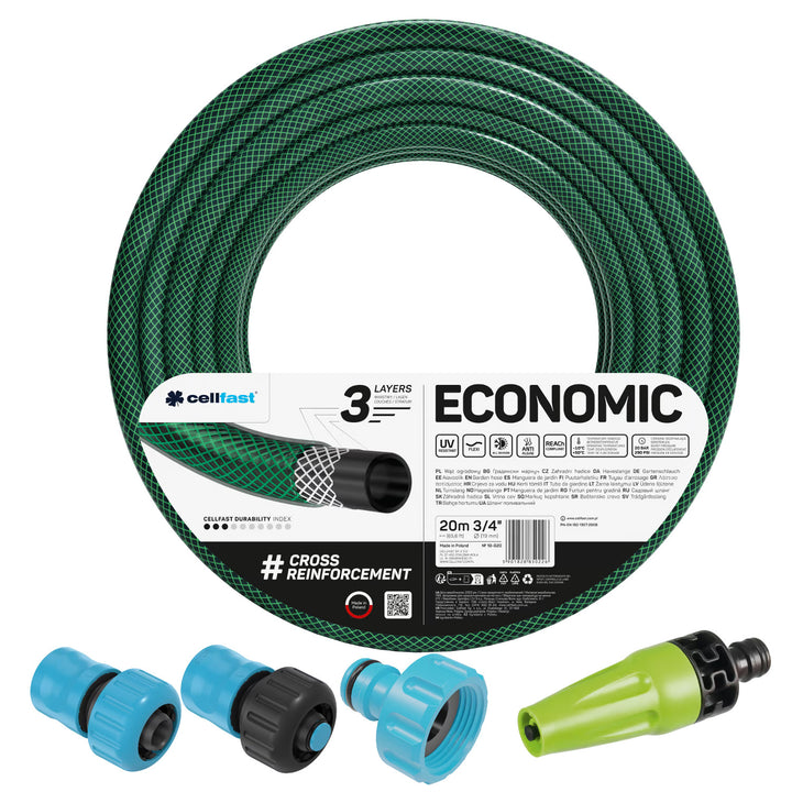Cellfast Economic trädgårdsslang 3/4" 20 m + rak sprinkler + anslutning med invändig gänga 3/4" + genomgående snabbkoppling och avstängningsventil 3/4"