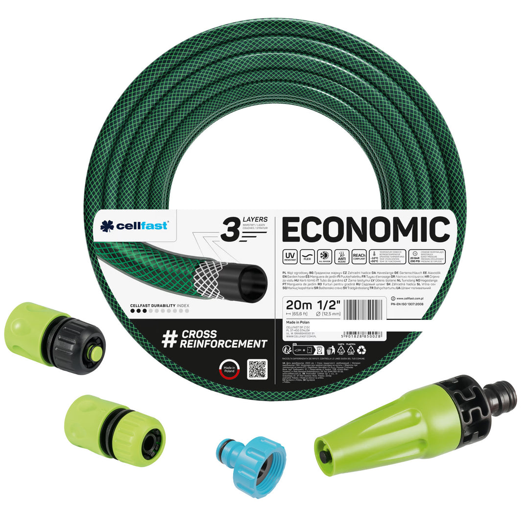 Cellfast Economic trädgårdsslang 1/2" 20 m + rak sprinkler + anslutning med invändig gänga 3/4" + genomgående snabbkoppling och avstängningsventil 1/2"