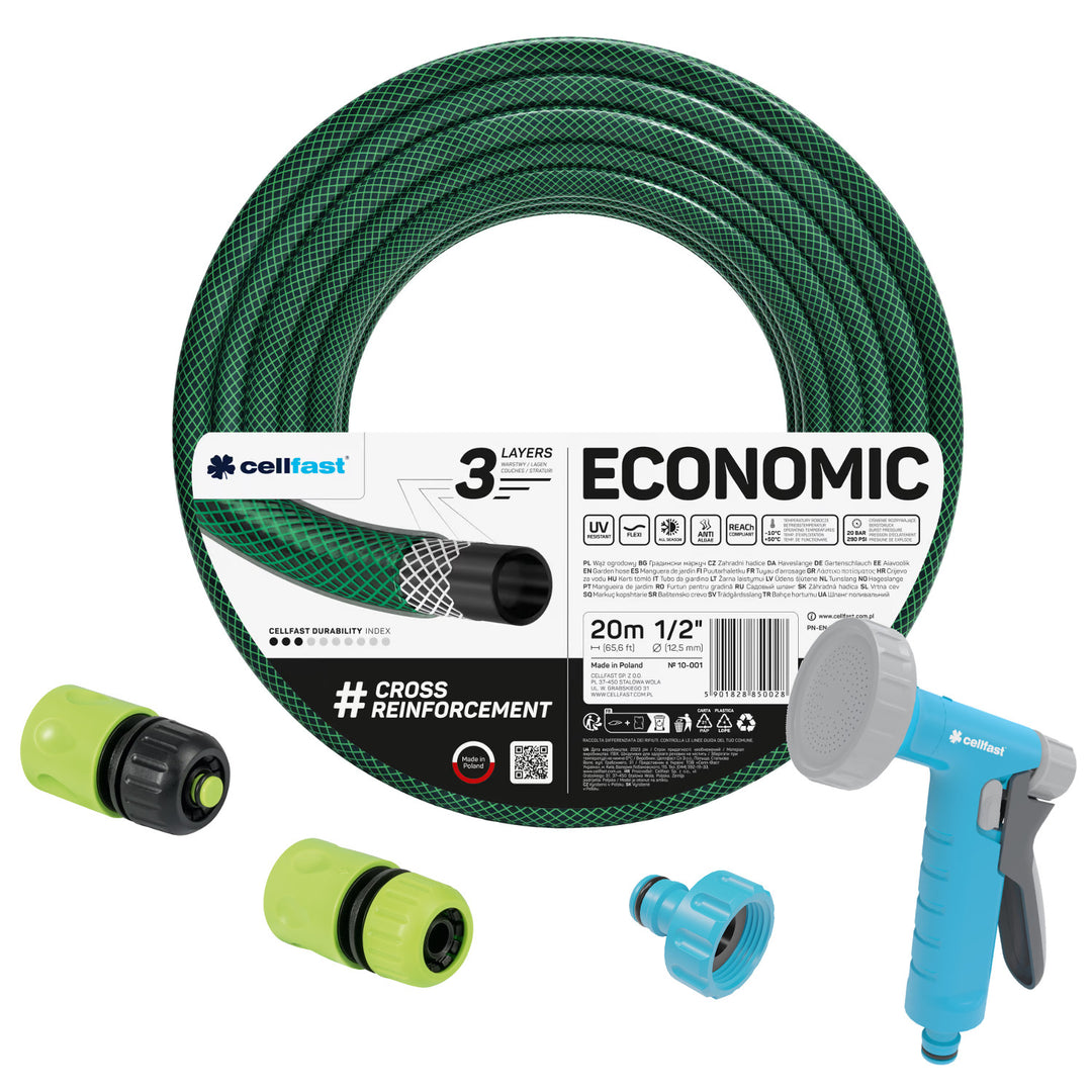 Cellfast Economic trädgårdsslang 1/2" 20 m + pistolspridare + anslutning med invändig gänga 3/4" + genomgående snabbkoppling och avstängningsventil 1/2"