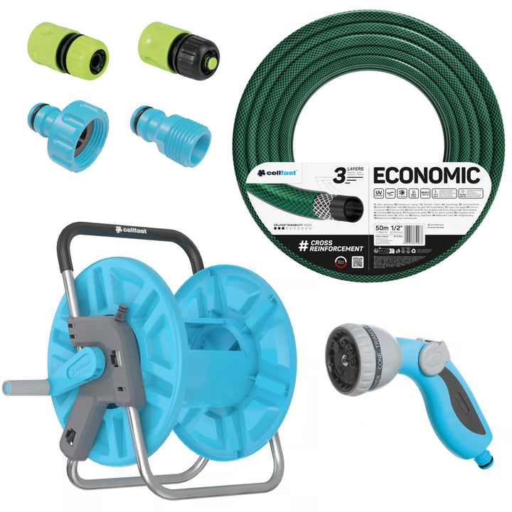 Trädgårdsslang Economic 1/2" 50 m + stativ, anslutning med invändig gänga 3/4", anslutning med utvändig gänga 1/2", snabbkoppling med genomgång och stopp 1/2" + 8-funktioners pistolspridare Cellfast Mix Ideal