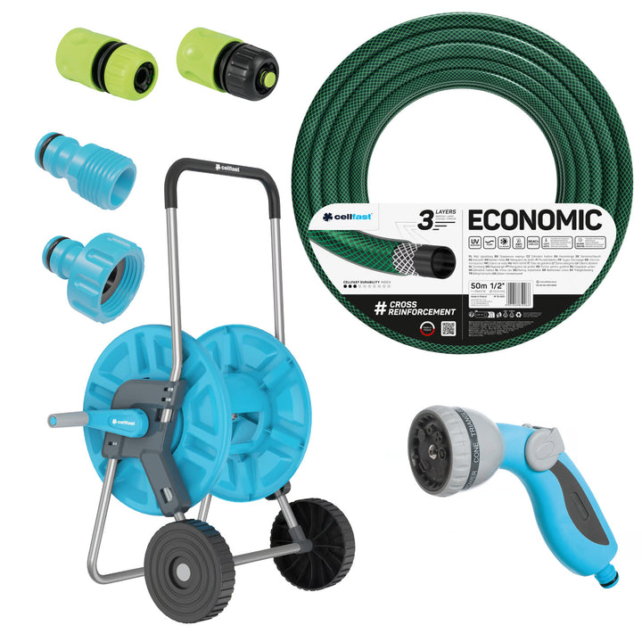 Trädgårdsslang Economic 1/2" 50 m + vagn, anslutning med invändig gänga 3/4", anslutning med utvändig gänga 1/2", snabbkoppling med genomgående och stoppfunktion 1/2" + 8-funktioners pistolspridare Cellfast Mix Ideal
