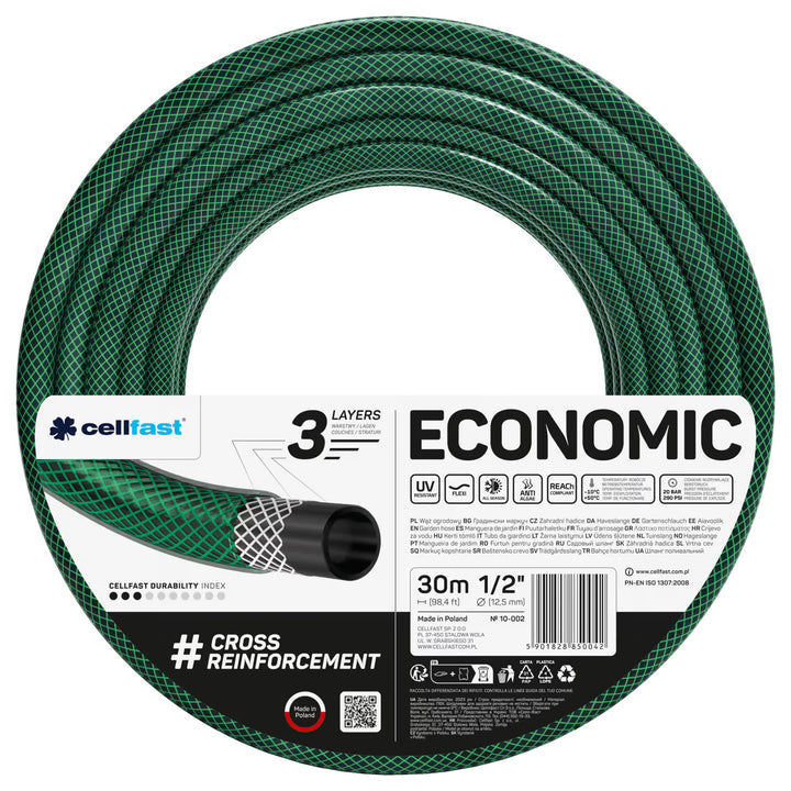 Cellfast Economic trädgårdsslang 1/2" 30 m + stativ, anslutning med invändig gänga 3/4", genomgående snabbkoppling och stoppkoppling 1/2" + rak sprinkler Cellfast Economic