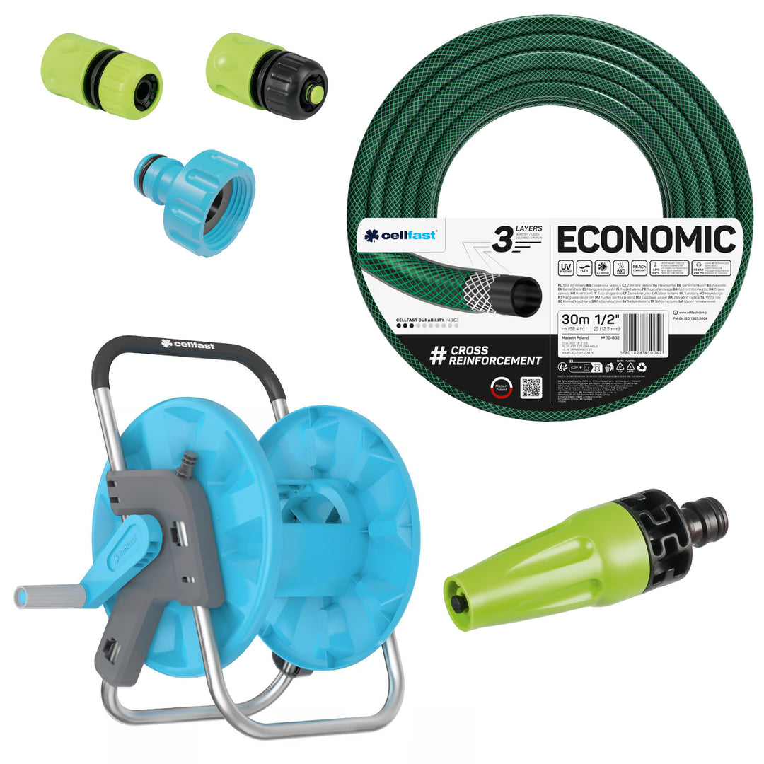 Cellfast Economic trädgårdsslang 1/2" 30 m + stativ, anslutning med invändig gänga 3/4", genomgående snabbkoppling och stoppkoppling 1/2" + rak sprinkler Cellfast Economic