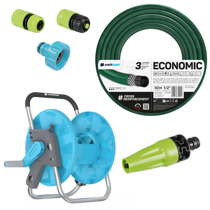 Cellfast Economic trädgårdsslang 1/2" 30 m + stativ, anslutning med invändig gänga 3/4", genomgående snabbkoppling och stoppkoppling 1/2" + rak sprinkler Cellfast Economic