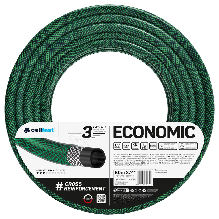 Cellfast Economic trädgårdsslang 3/4" 50 m + snabbkoppling i mässing och genomgångskoppling 3/4" + anslutning med invändig gänga 3/4" + roterande sprinkler + pistolsprinkler
