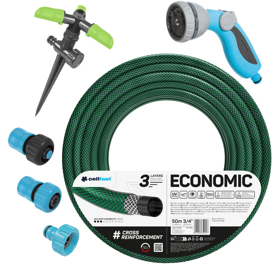 Cellfast Economic trädgårdsslang 3/4" 50 m + snabbkoppling i mässing och genomgångskoppling 3/4" + anslutning med invändig gänga 3/4" + roterande sprinkler + pistolsprinkler