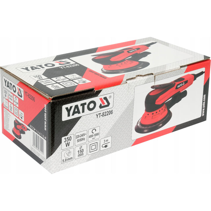 Yato excenterslipmaskin, 150 mm, effekt 350 W, varvtal 4 000–10 000 varv/min, sladdlängd 3 m, möjlighet att ansluta dammsugare, YT-82206