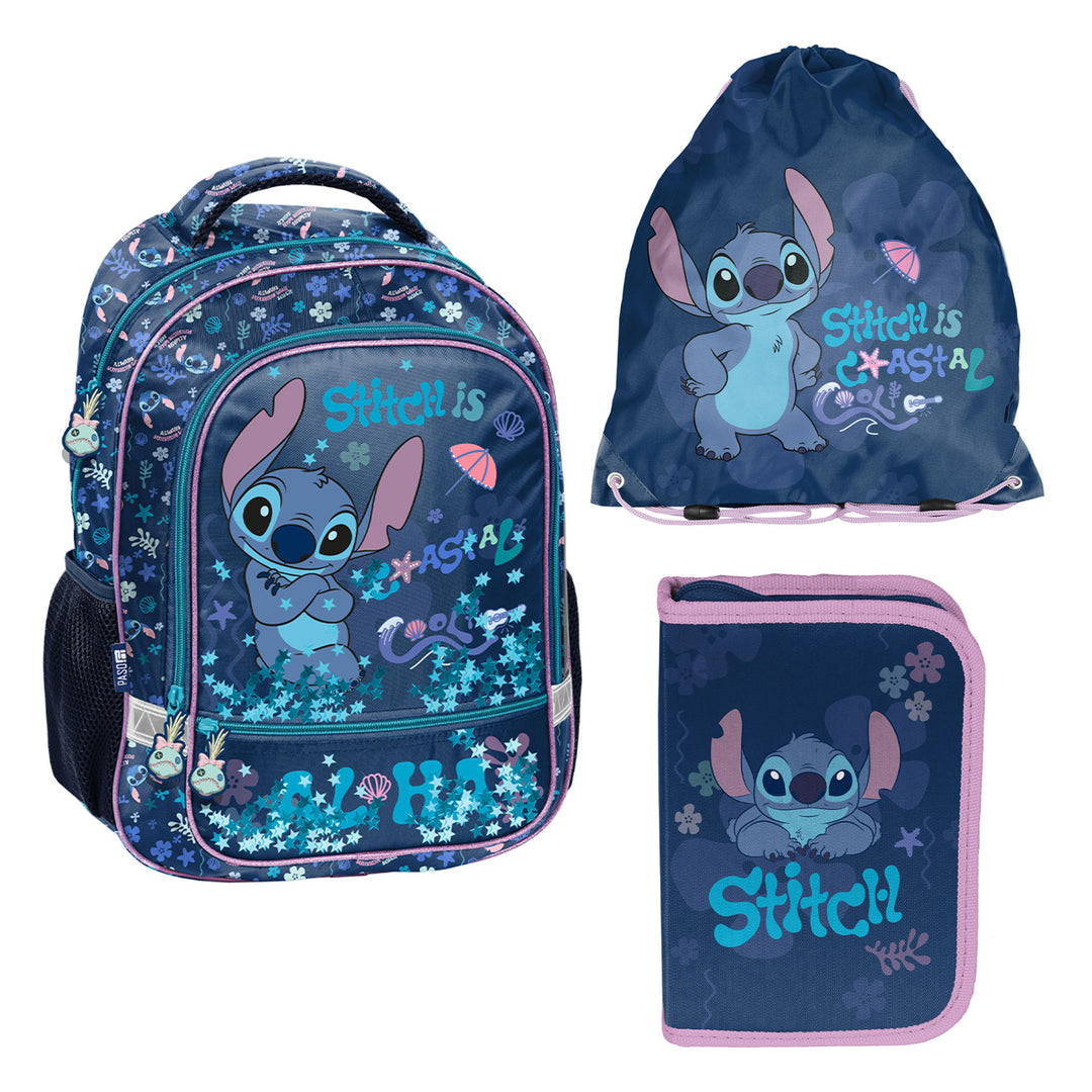 Stitch Paso-skolset, ryggsäck med två fack, reflekterande detaljer och förstärkt ryggstöd, pennfodral utan tillbehör men med fästen för skrivtillbehör, skopåse som kan hängas på ryggen, DS26XX
