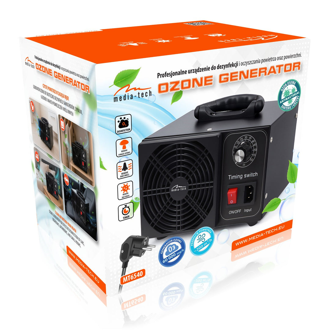 Professionell ozongenerator för desinfektion och luftrening, Mediatech, Ozonproduktion: 60 000 mg/h, TIMER, Effekt: 140 W, metallhölje