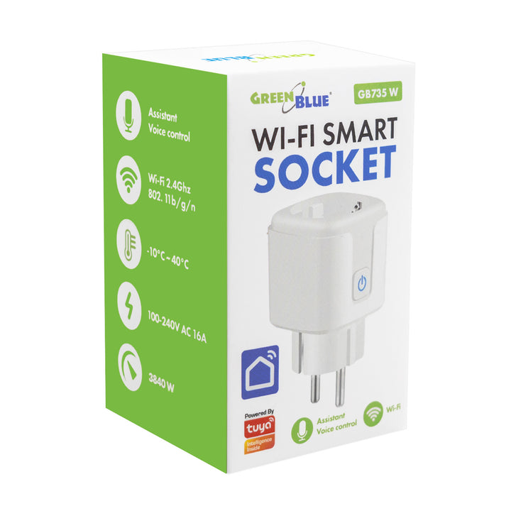 GreenBlue WiFi-styrd eluttag, Android/iOS/Alexa/Google Home, timer, effektmätare, max 16 A/3 840 W, GB735 W, 2 st