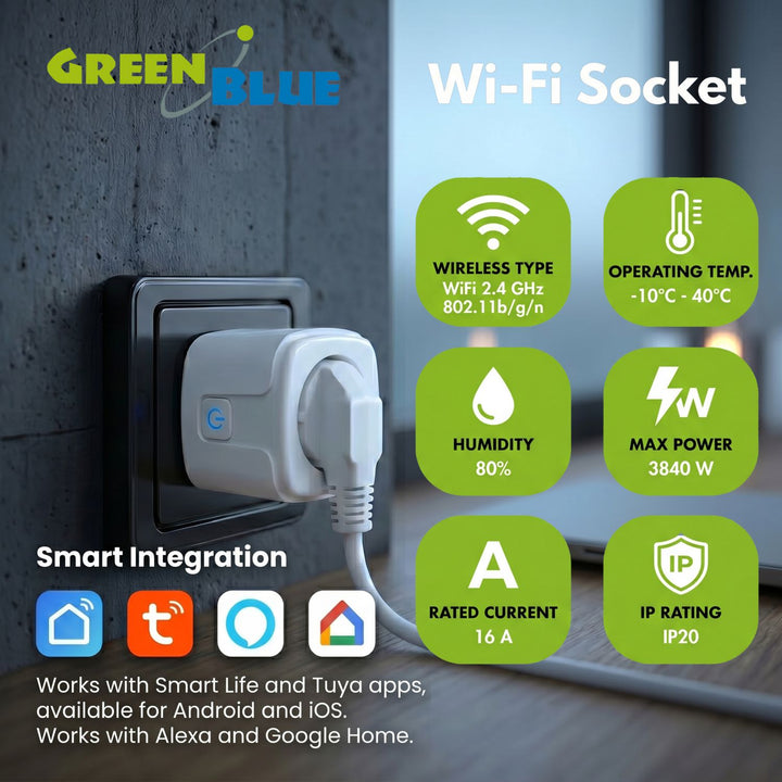 GreenBlue WiFi-styrd eluttag, Android/iOS/Alexa/Google Home, timer, effektmätare, max 16 A/3 840 W, GB735 W, 2 st