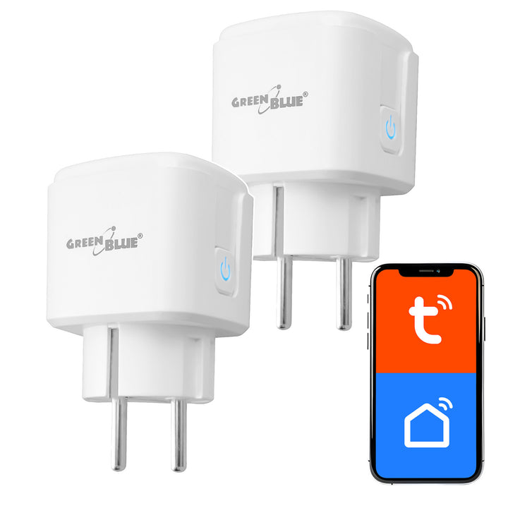 GreenBlue WiFi-styrd eluttag, Android/iOS/Alexa/Google Home, timer, effektmätare, max 16 A/3 840 W, GB735 W, 2 st