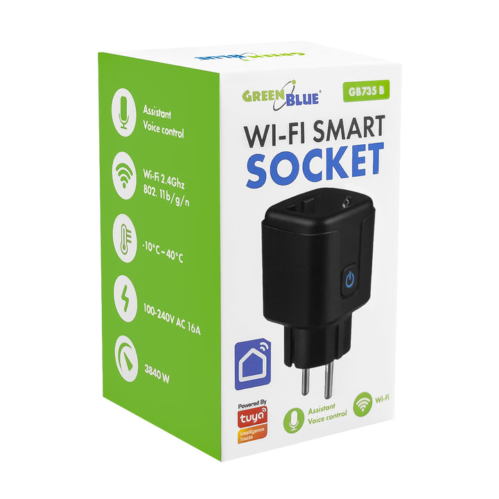 GreenBlue WiFi-styrd eluttag, Android/iOS/Alexa/Google Home, timer, effektmätare, max 16 A/3840 W, GB735 B, 2 st