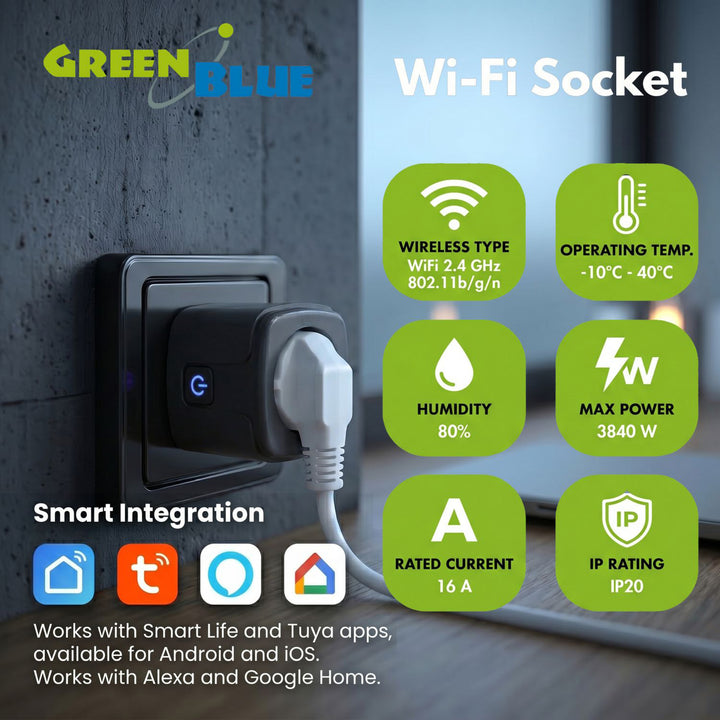 GreenBlue WiFi-styrd eluttag, Android/iOS/Alexa/Google Home, timer, effektmätare, max 16 A/3840 W, GB735 B, 2 st